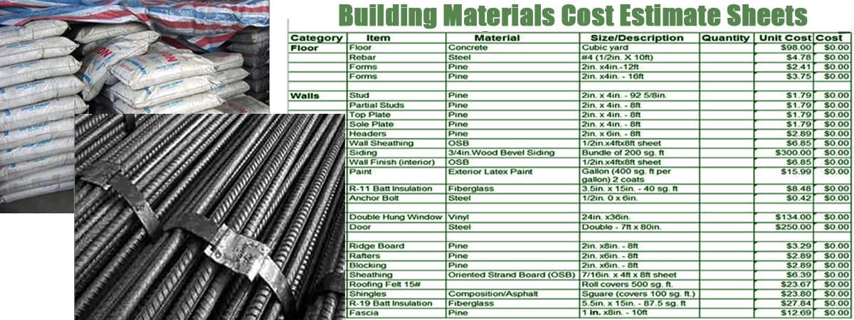 Building Materials Cost Estimate sheets