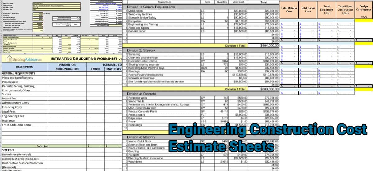 Engineering Construction cost estimate sheets