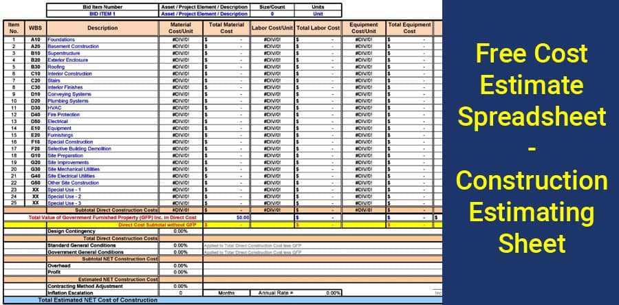 Construction Estimating Sheet | Free Cost Estimate Spreadsheet